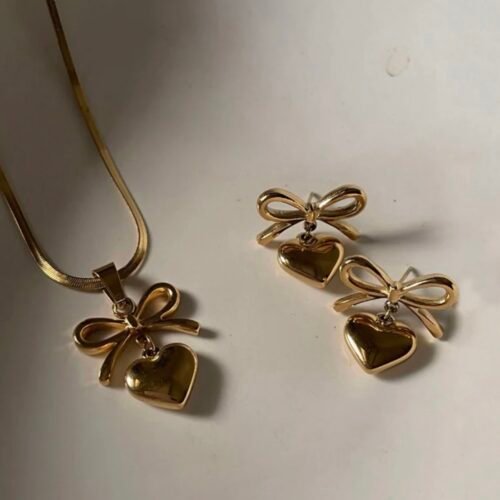 Heart Bow Set ( Earrings & Chain )